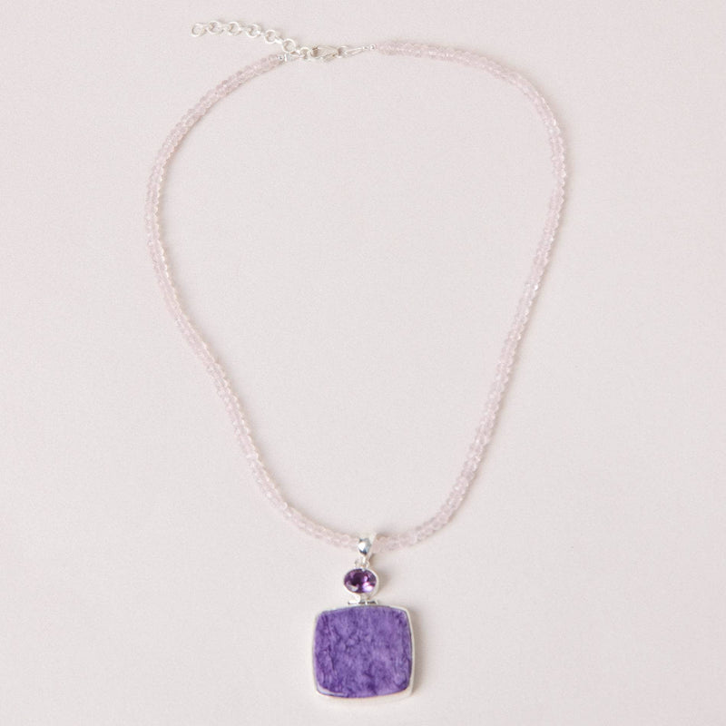 Charoite & Amethyst Square Pendant Necklace