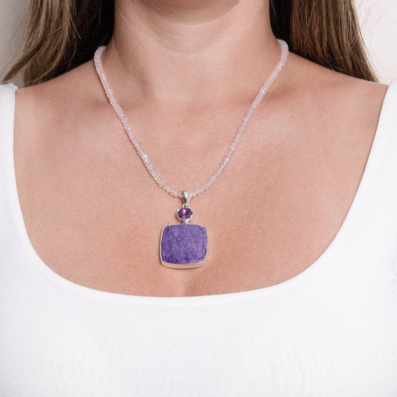 Charoite & Amethyst Square Pendant Necklace