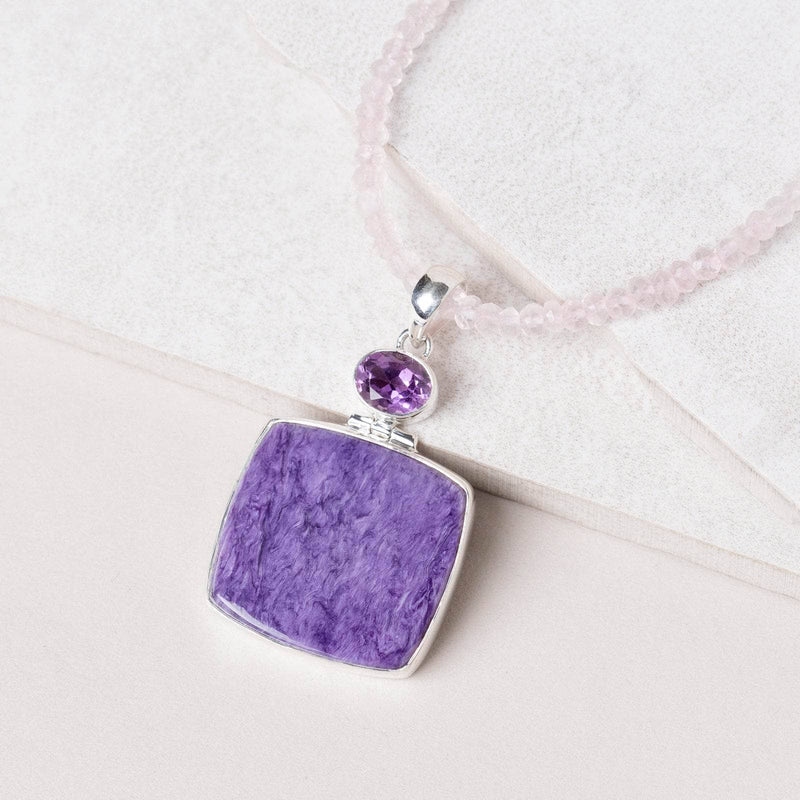 Charoite & Amethyst Square Pendant Necklace
