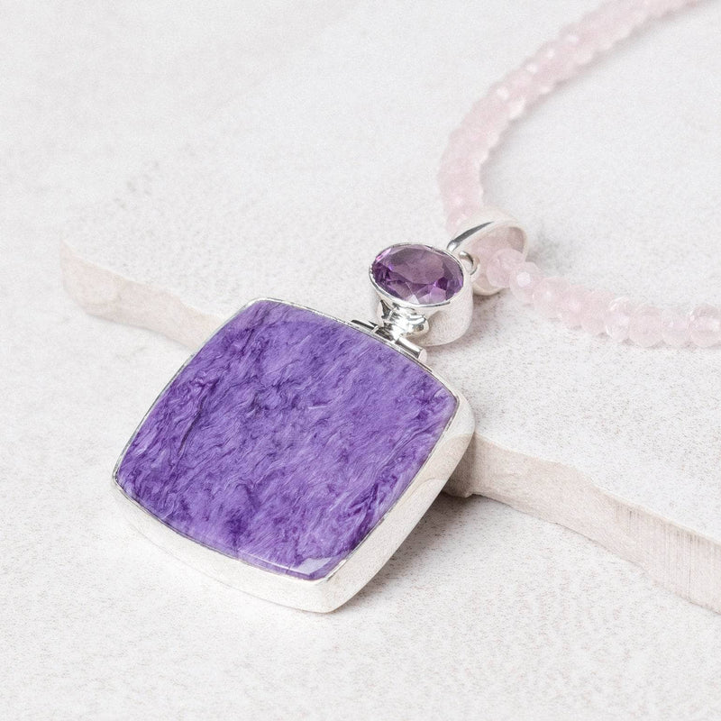 Charoite & Amethyst Square Pendant Necklace