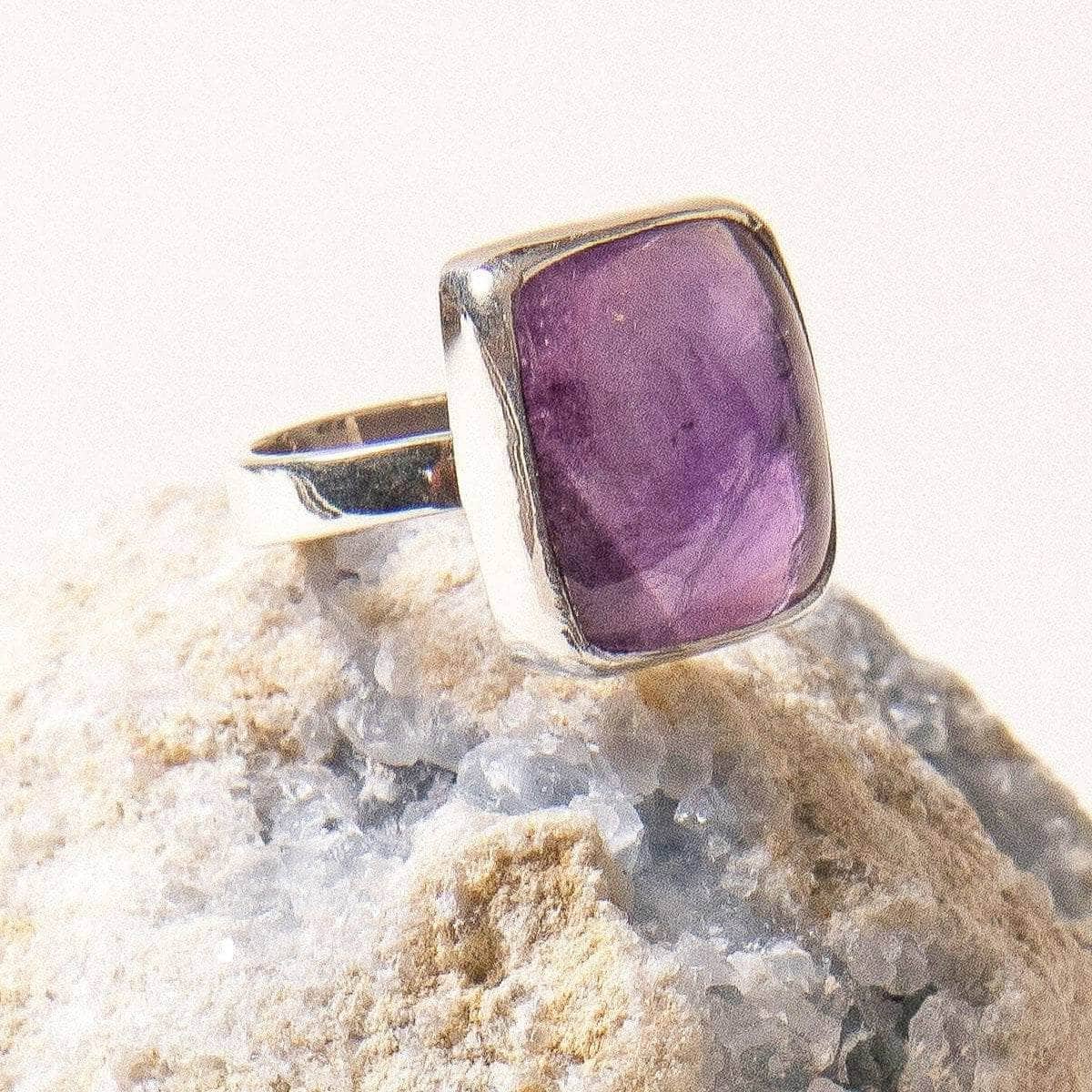 Amethyst Square Silver Gemstone Ring - Size 6
