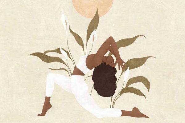illustration of woman in heart chakra yoga pose with leaves and moon