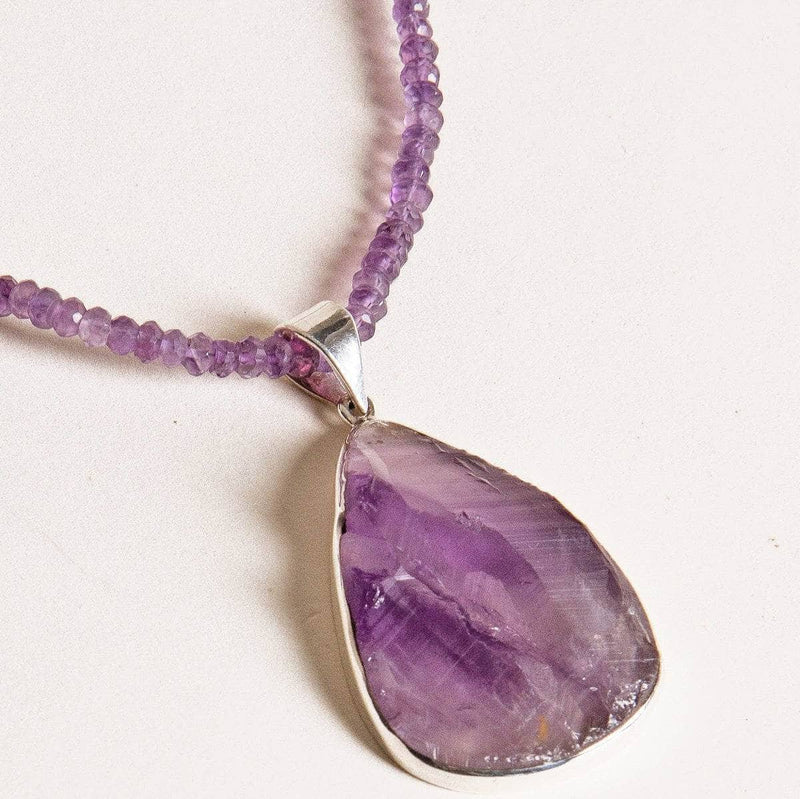 Large Teardrop Natural Amethyst Pendant Beaded Necklace - One of a Kind