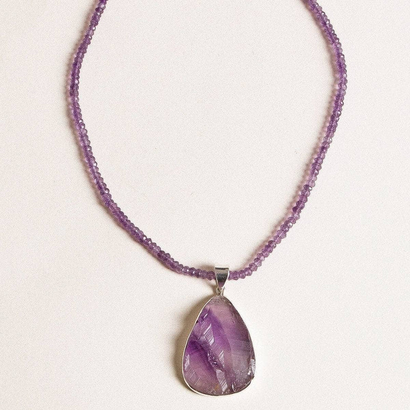 Large Teardrop Natural Amethyst Pendant Beaded Necklace - One of a Kind