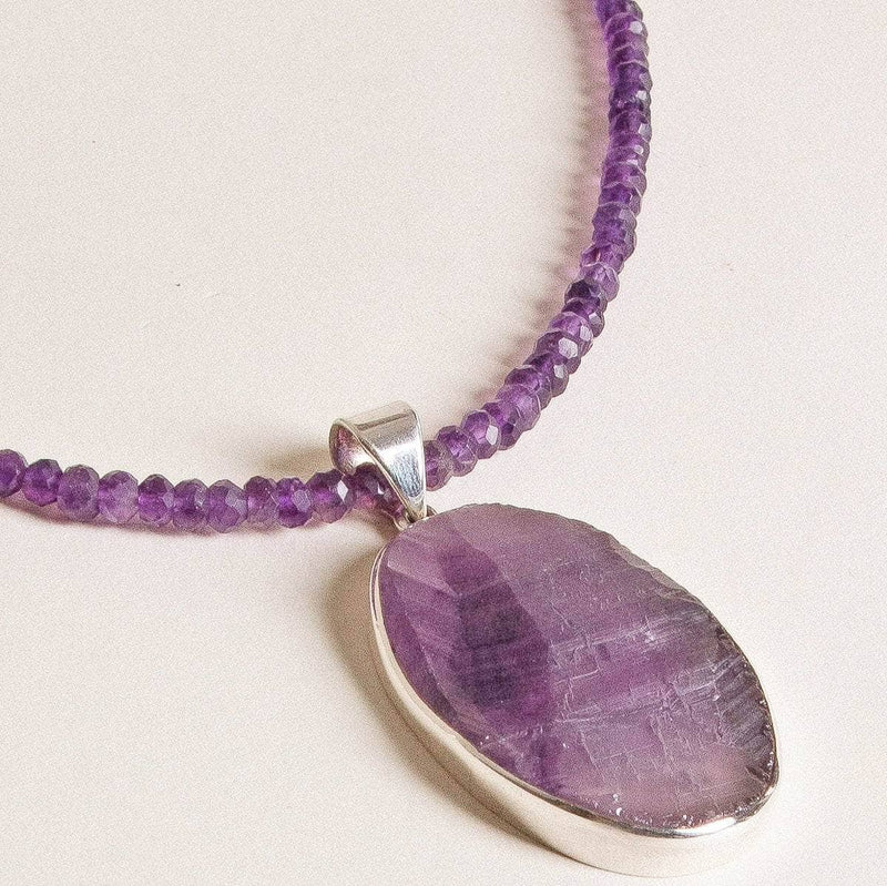 Large Oval Natural Amethyst Pendant Beaded Necklace - One of a Kind