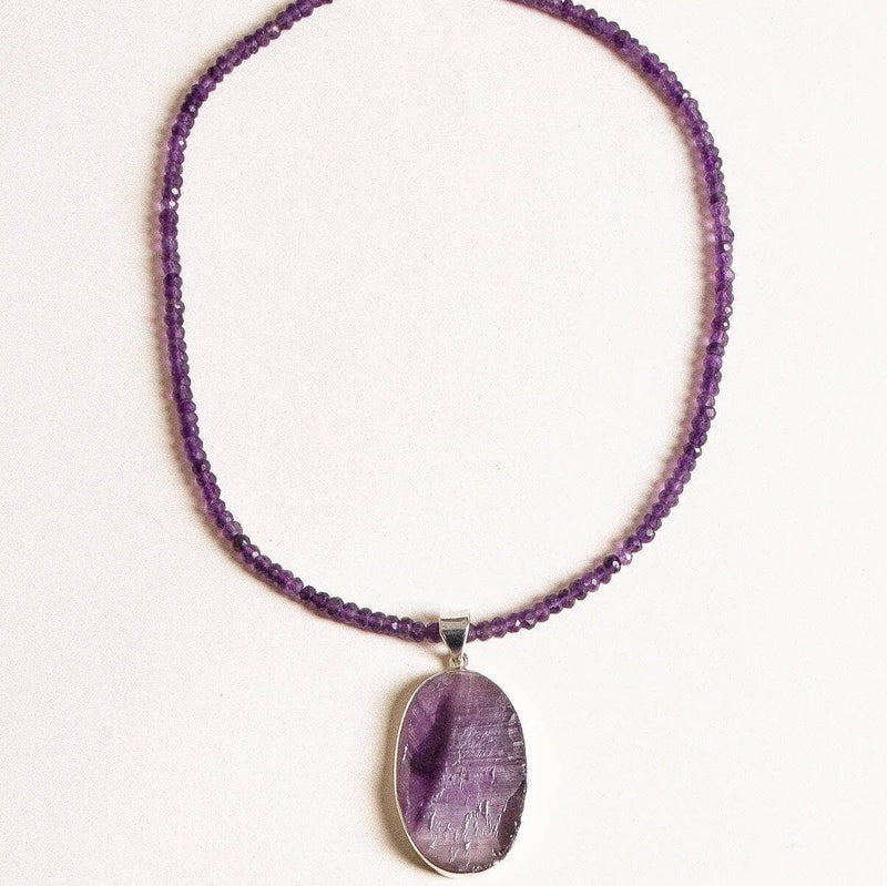 Large Oval Natural Amethyst Pendant Beaded Necklace - One of a Kind