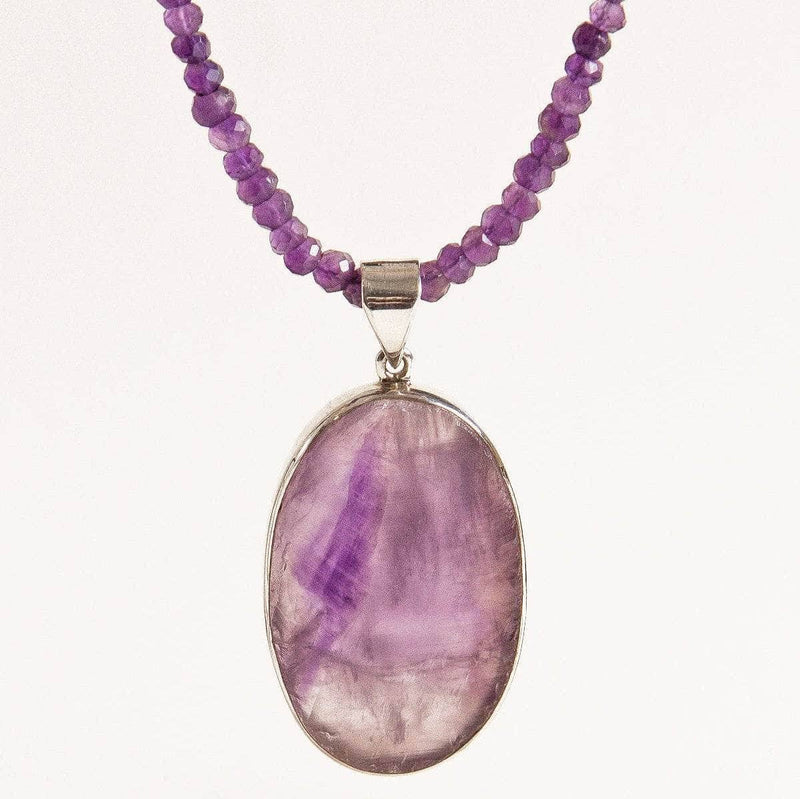 Large Oval Natural Amethyst Pendant Beaded Necklace - One of a Kind