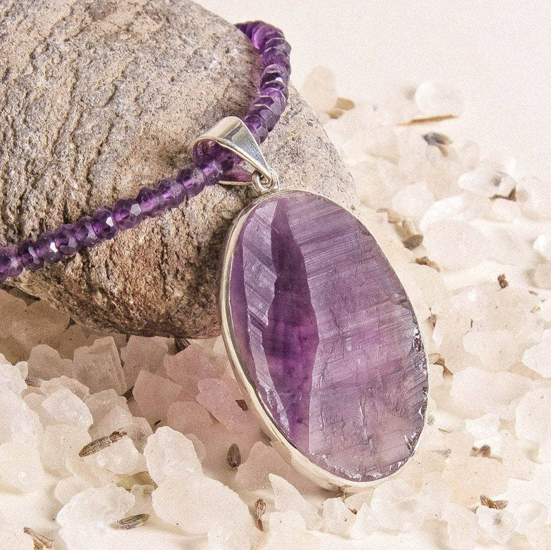 Large Oval Natural Amethyst Pendant Beaded Necklace - One of a Kind