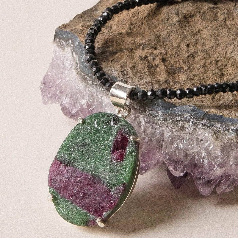 Raw Oval Ruby Zoisite and Black Onyx Beaded Necklace- 1 of a Kind