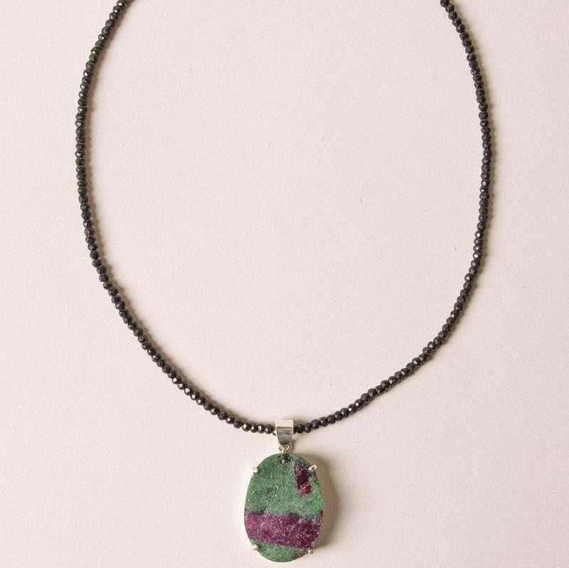 Raw Oval Ruby Zoisite and Black Onyx Beaded Necklace- 1 of a Kind