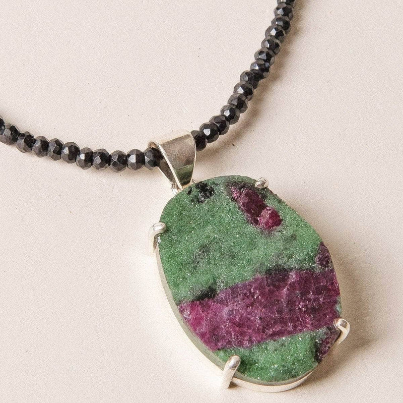 Raw Oval Ruby Zoisite and Black Onyx Beaded Necklace- 1 of a Kind