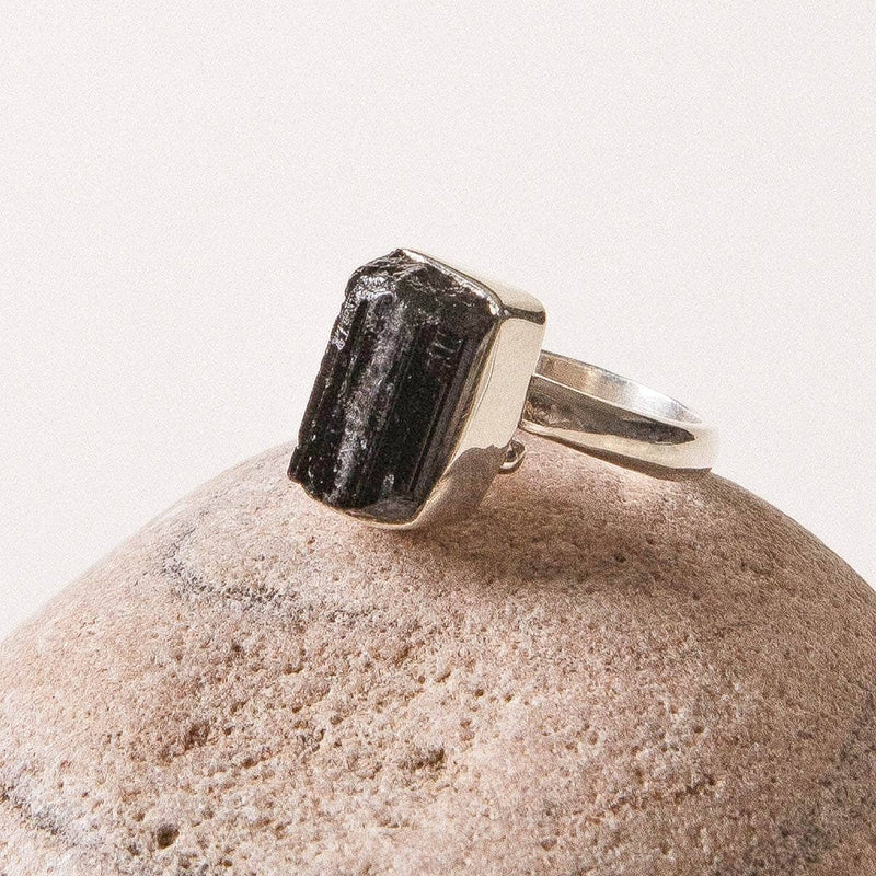 Natural Black Tourmaline Ring - Adjustable fits Sizes 7 - 9