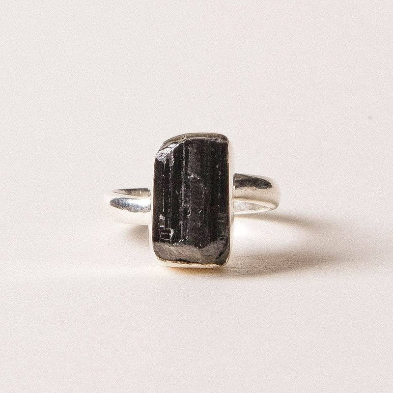 Natural Black Tourmaline Ring - Adjustable fits Sizes 7 - 9