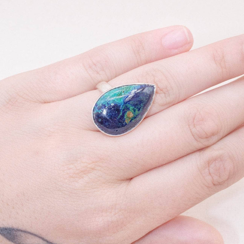 Genuine Azurite Malachite Teardrop Adjustable Ring