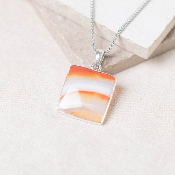 Carnelian Banded Agate Square Pendant Necklace - 1 of a Kind