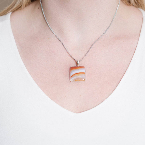 Carnelian Banded Agate Square Pendant Necklace - 1 of a Kind
