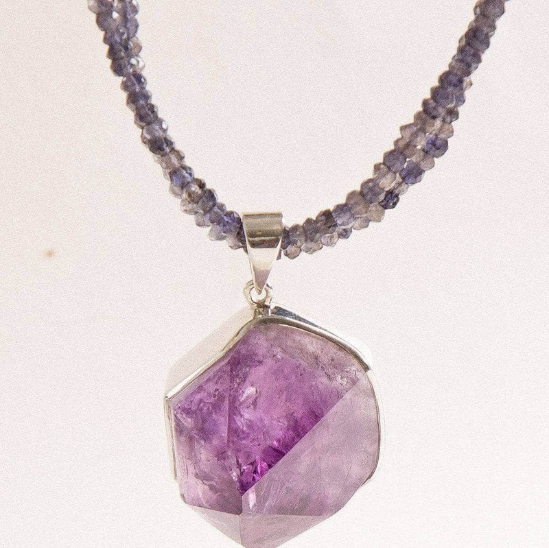 Large Amethyst Crystal on Beaded Iolite Necklace - One of a Kind