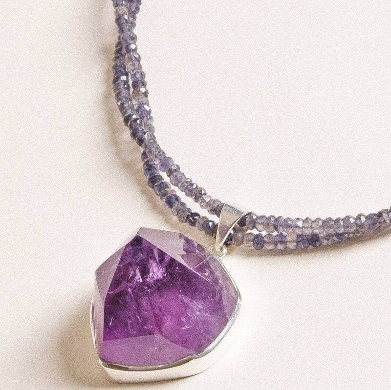 Large Amethyst Crystal on Beaded Iolite Necklace - One of a Kind