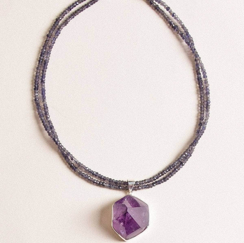 Large Amethyst Crystal on Beaded Iolite Necklace - One of a Kind