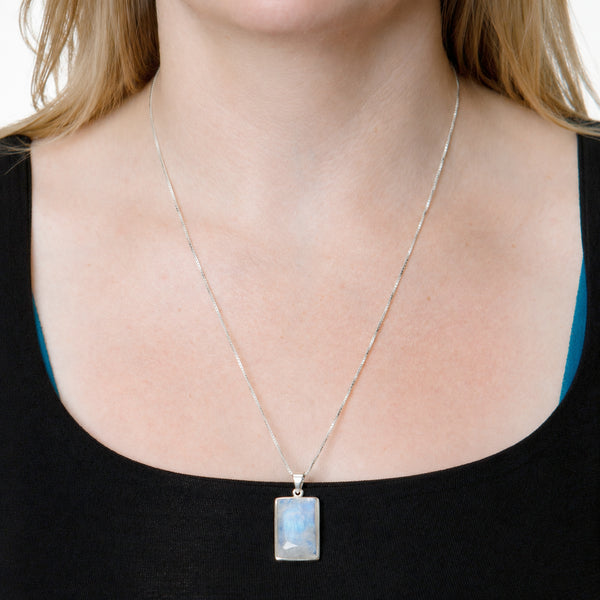 Rainbow Moonstone Square Pendant Necklace - 1 of a Kind