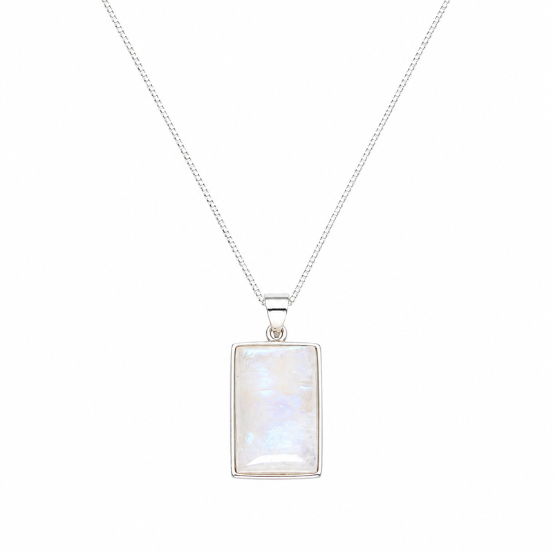 Rainbow Moonstone Square Pendant Necklace - 1 of a Kind