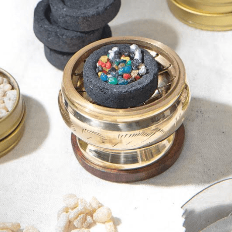 Brass Carved Charcoal Resin Incense Burner Kit