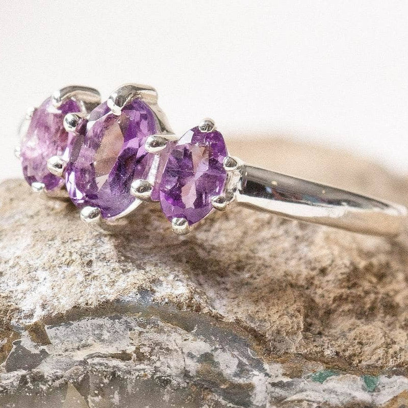 Amethyst 3 Stone Silver Ring