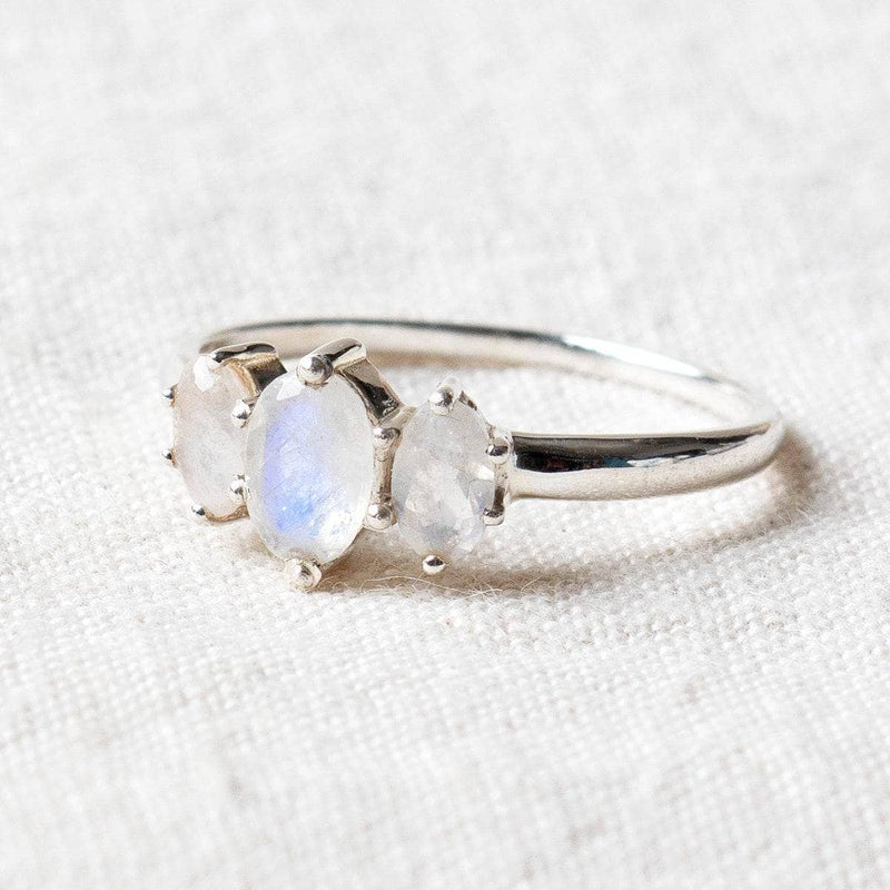 Rainbow Moonstone 3 Stone Silver Ring