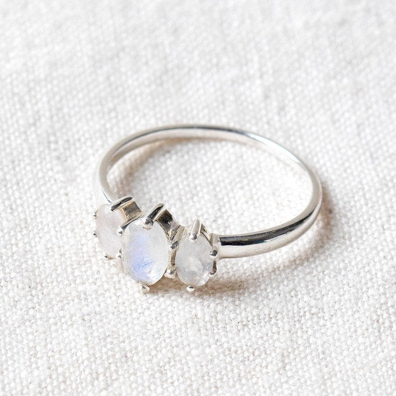 Rainbow Moonstone 3 Stone Silver Ring